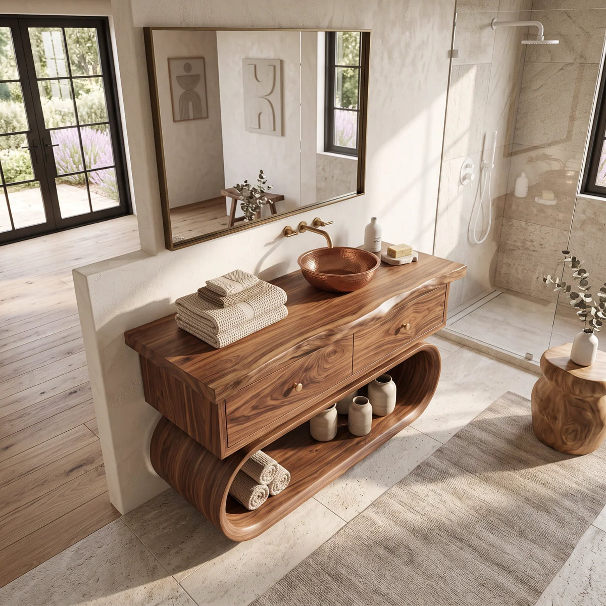 Solid Wood Bathroom Vanity with Sculptural Loop Frame Base and Drawer Storage