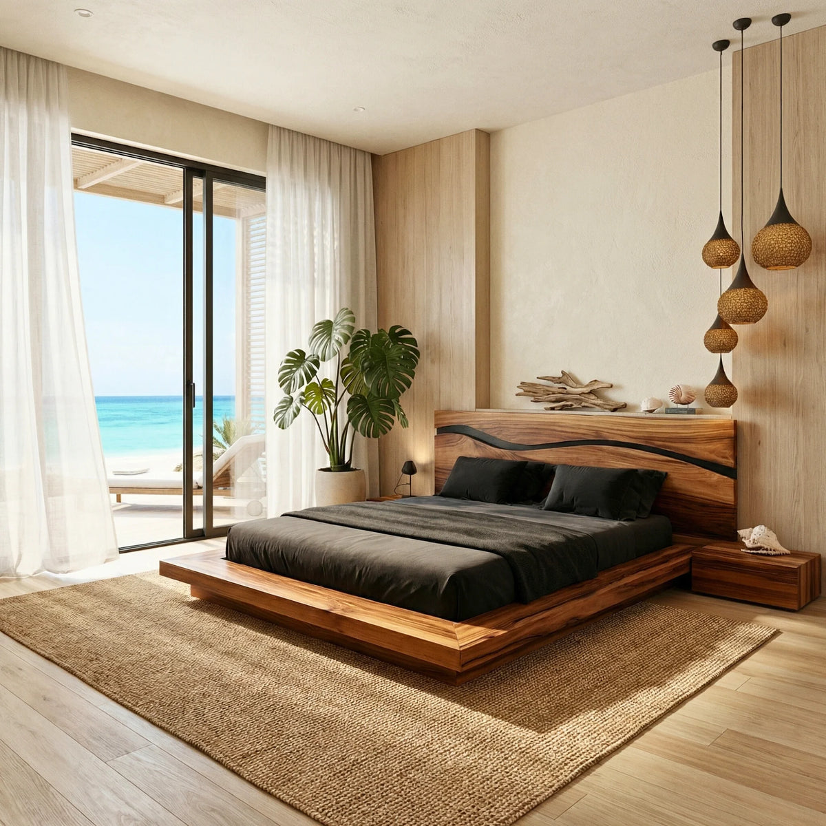 Solid Wood Platform Bed with Sculpted Wave Headboard – Modern Bed Frame for Contemporary Bedrooms