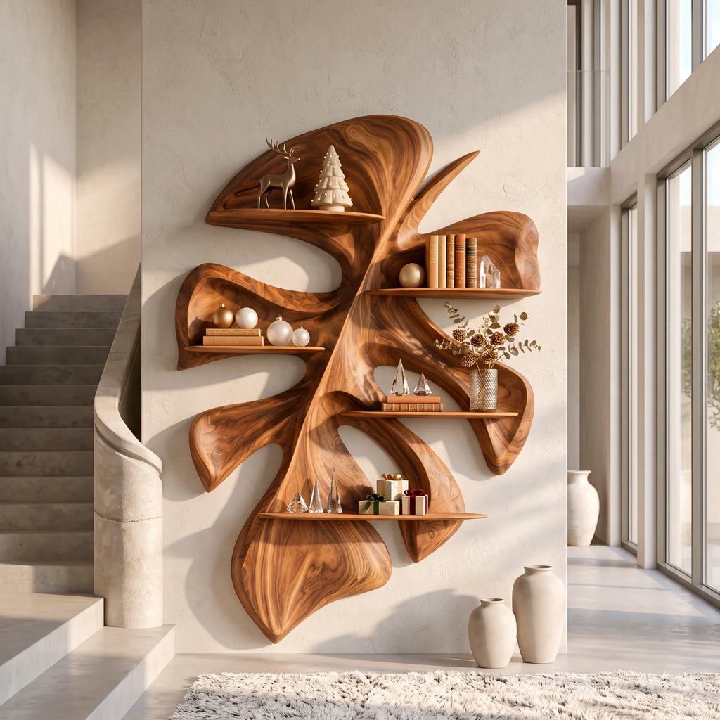 Tropical Leaf Sculptural Solid Wood Floating Shelf