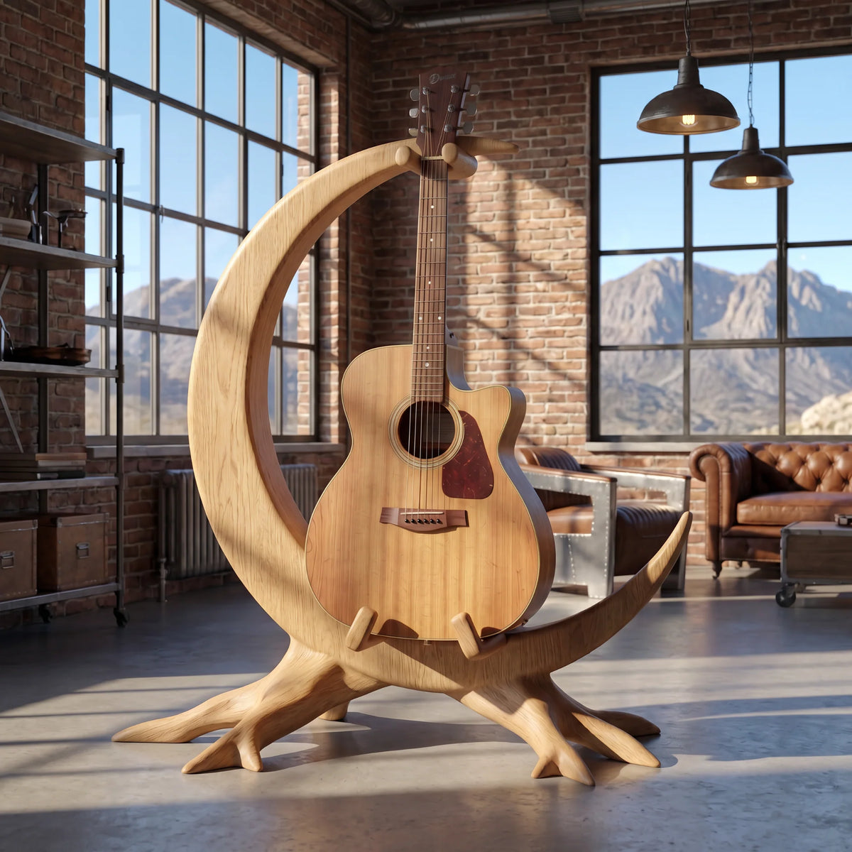 Crescent Sculptural Wooden Guitar Floor Stand