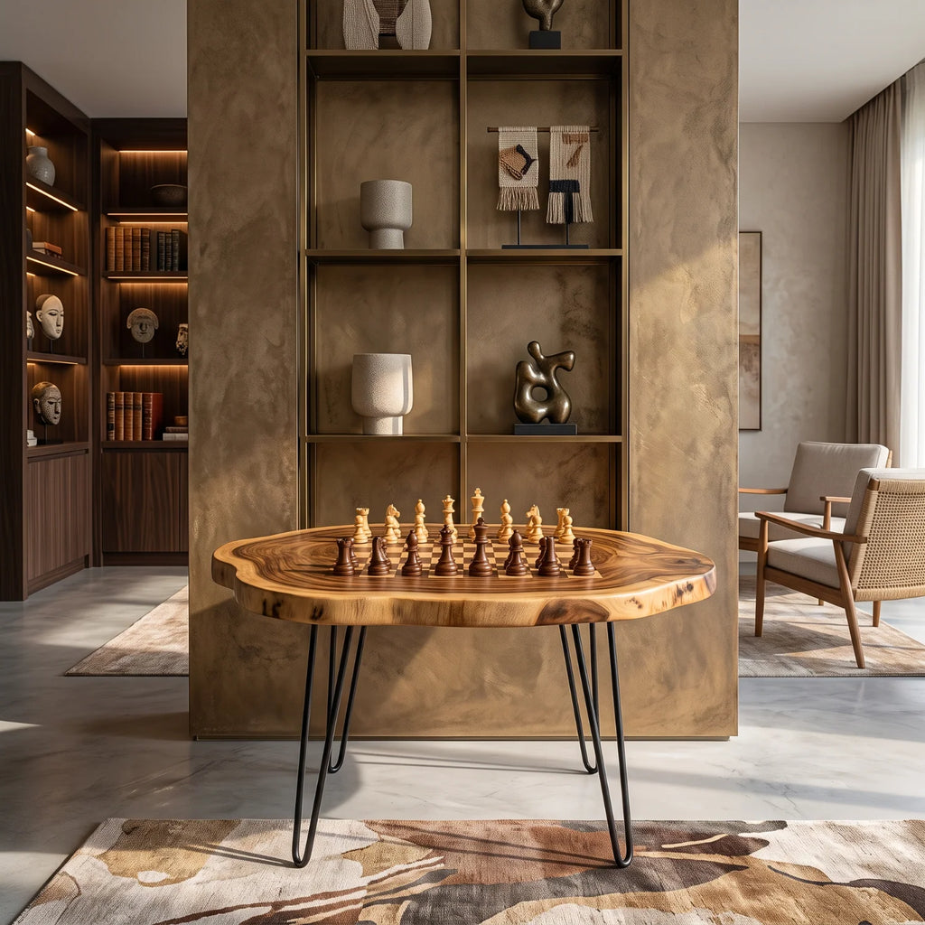 Organic Slab Top Chess Coffee Table with Hairpin Legs