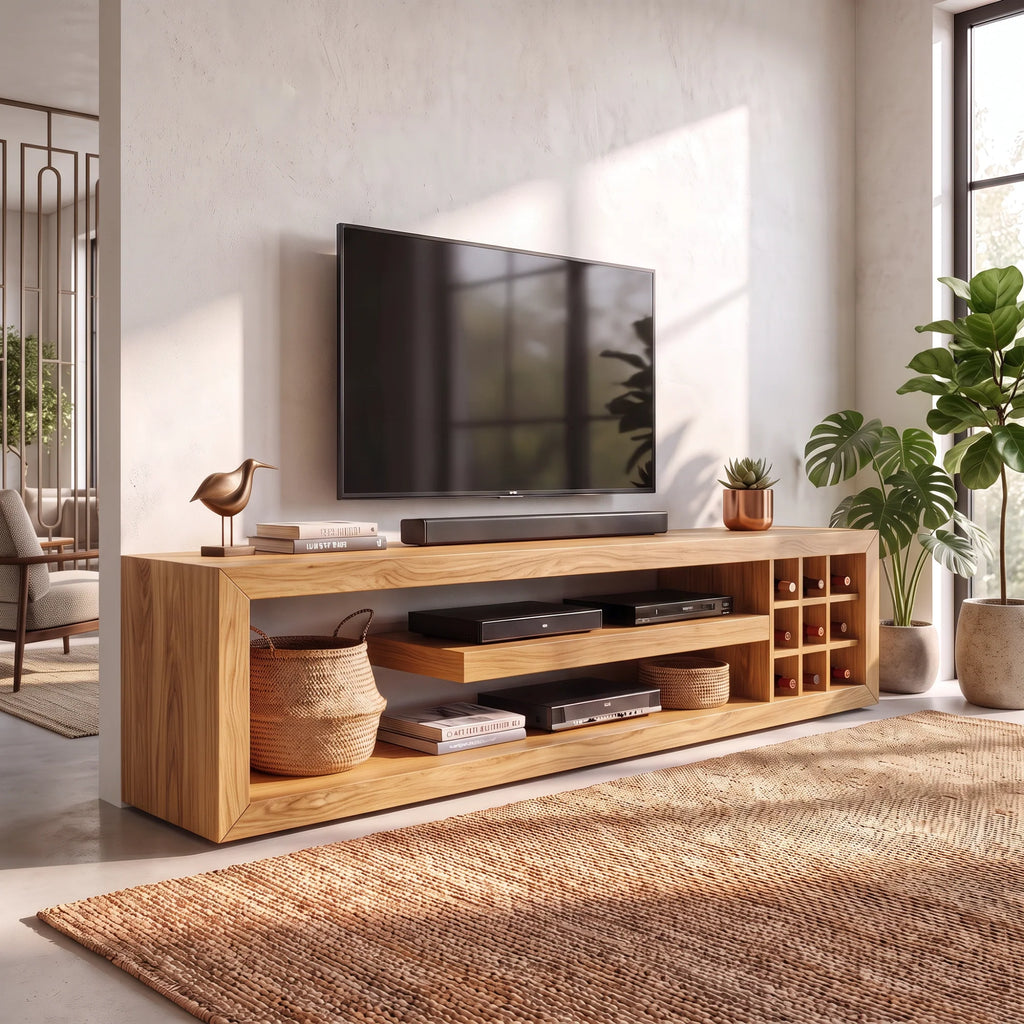 Solid Wood TV Console with Open Media Shelves and Side Storage Cubbies