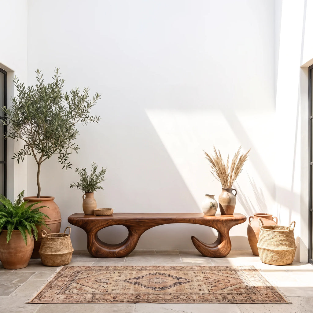 Sculptural Solid Wood Bench with Open Loop Base and Flowing Live Edge Seat
