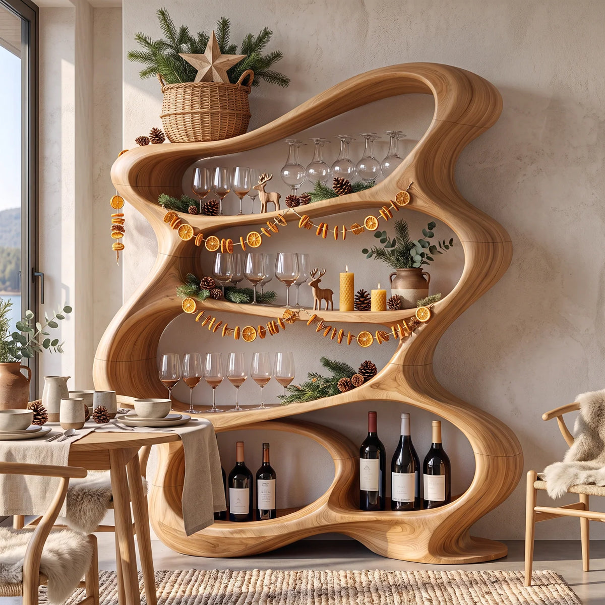 Handcrafted Solid Wood Wine Rack Cabinet with Sculptural Flowing Open Shelves
