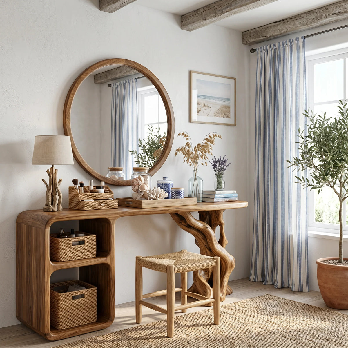Sculptural Solid Wood Vanity Table with Organic Carved Base and Open Shelf