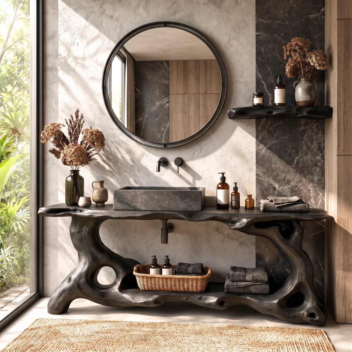 Solid Wood Bathroom Vanity with Sculptural Organic Root Base and Open Shelf Storage