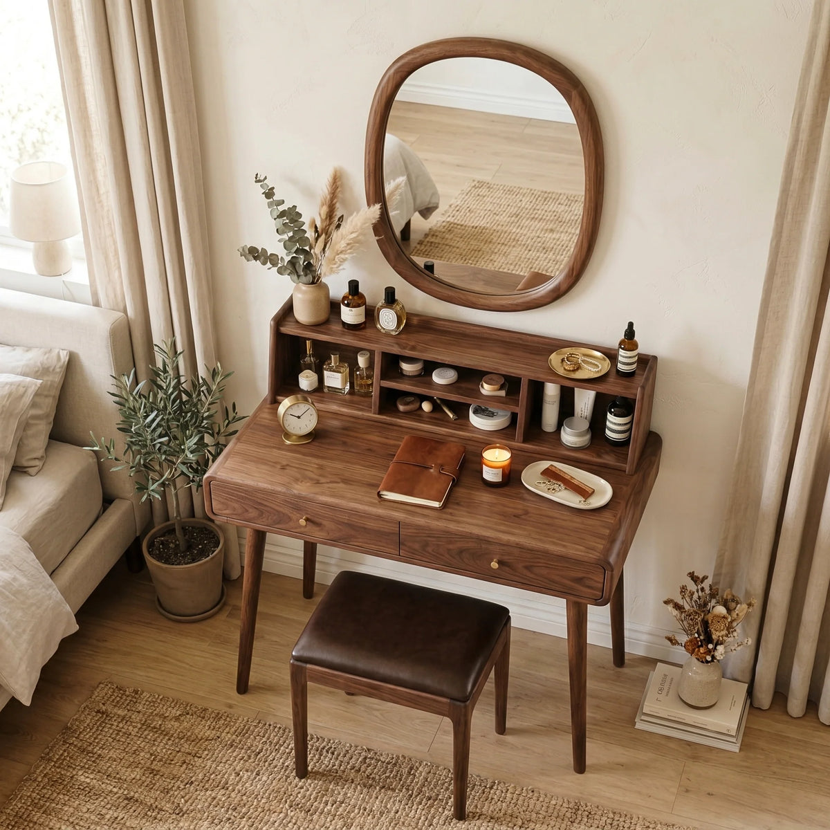 Handcrafted Solid Wood Vanity Desk with Open Organizer Shelf and Storage Drawer
