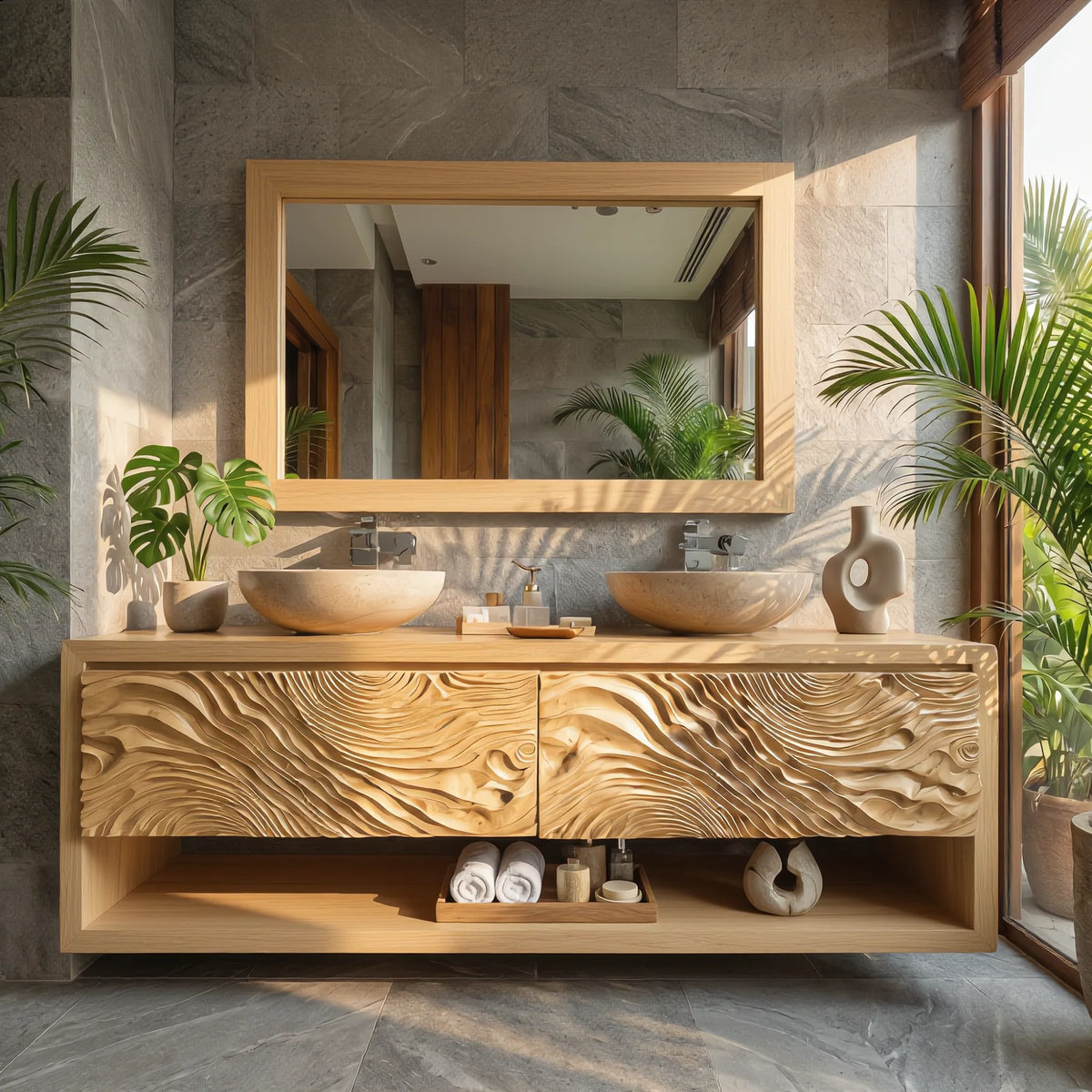 Solid Wood Double Bathroom Vanity Cabinet with Carved Wave Front and Open Storage Shelf