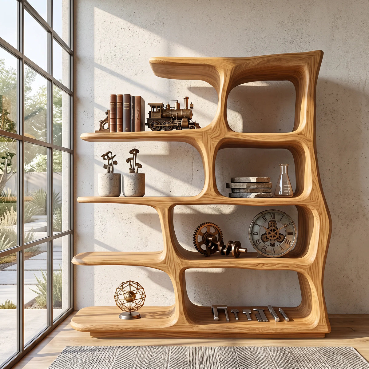 Freeform Elegance – Solid Wood Bookcase with Rounded Open Shelves and Sculptural Frame