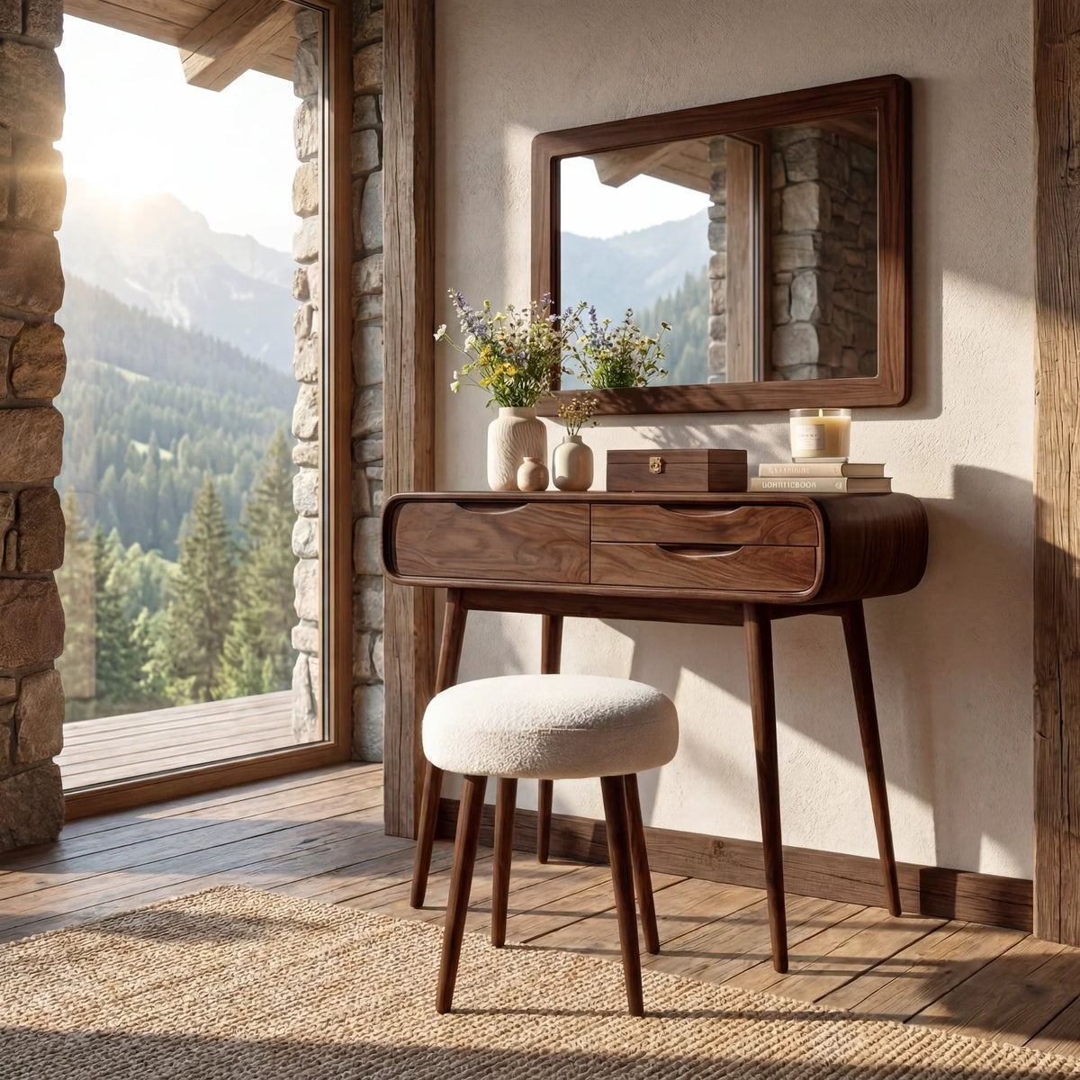 Modern Rounded Solid Wood Vanity Table with Storage Drawers
