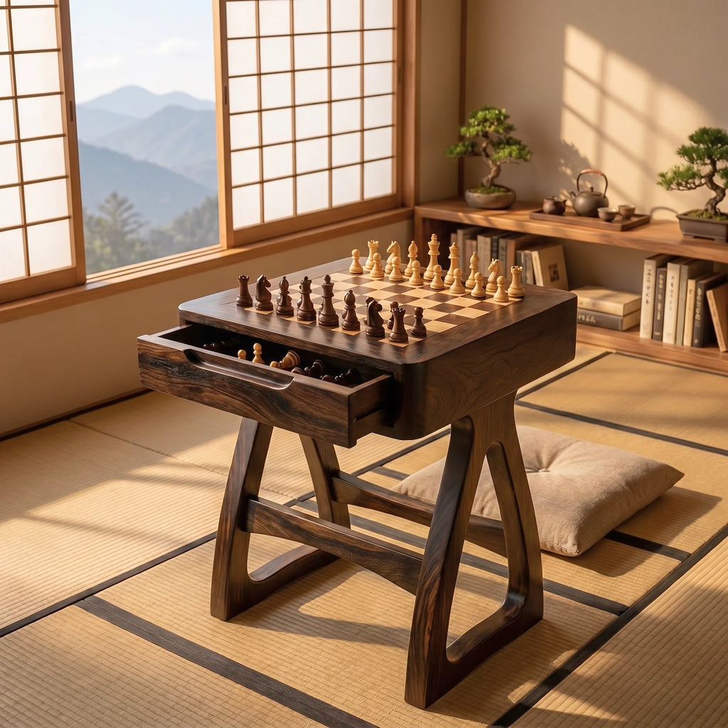 Sculptural Solid Wood Chess Table with Storage Drawer