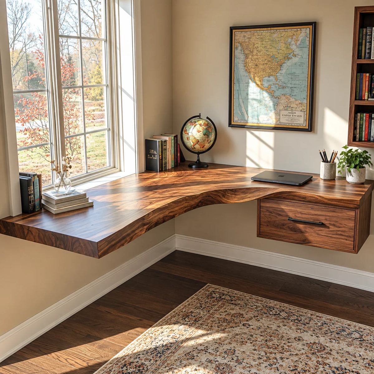 Solid Wood Floating Corner Desk with Live Edge Top and Built-In Drawer – Modern Home Office Desk