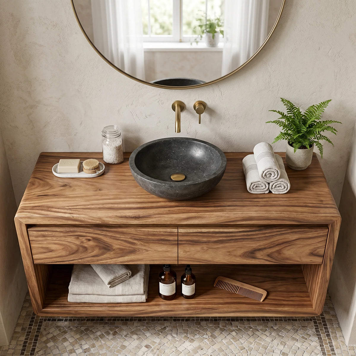 Floating Solid Wood Bathroom Vanity with Seamless Organic Frame – Modern Wall-Mounted Vanity Cabinet