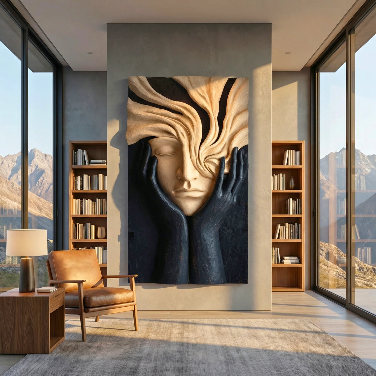Handcrafted Solid Wood Face Wall Sculpture with Flowing Grain Hair & Black Relief Hands