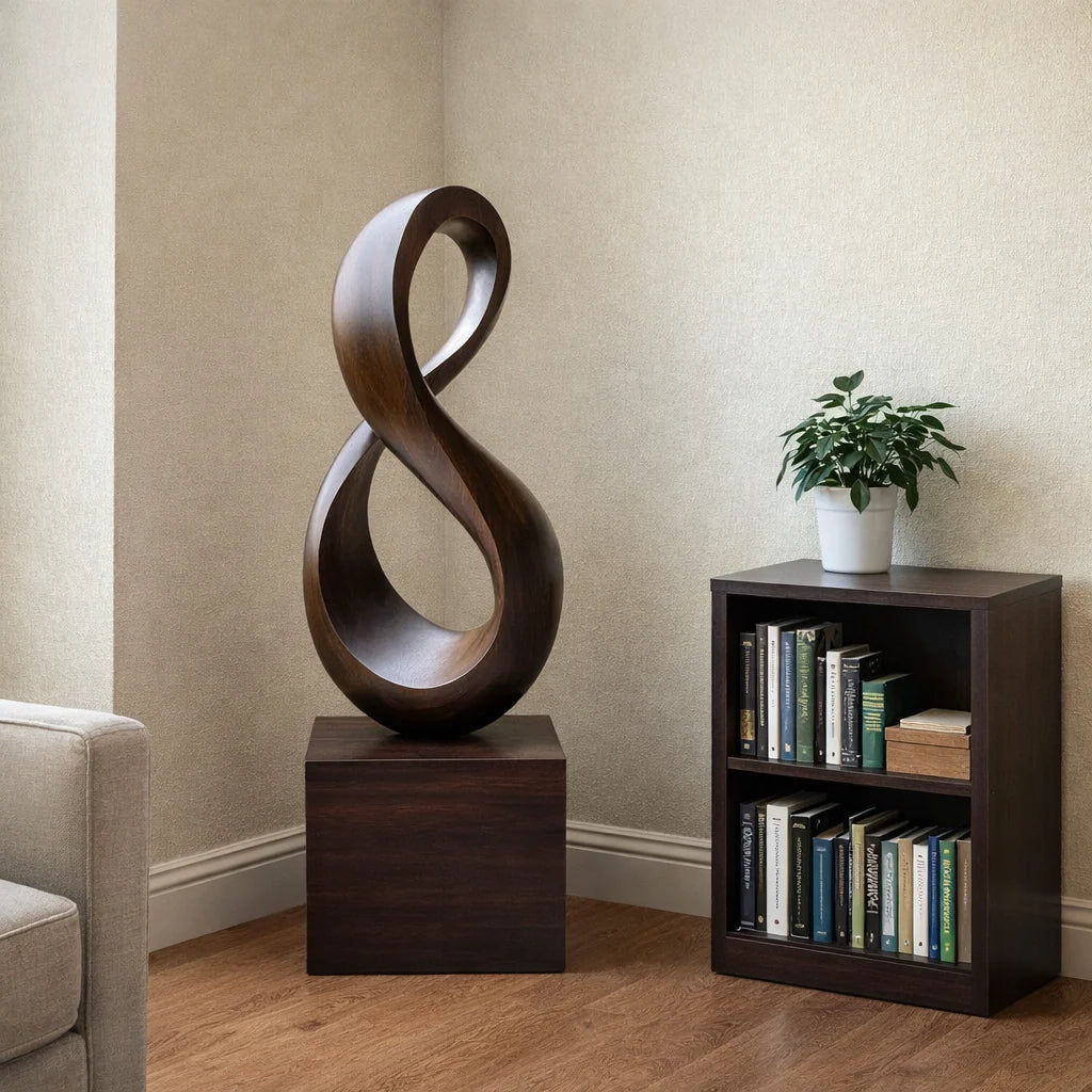 Tall Solid Wood Infinity Loop Sculpture with Plinth Base – Contemporary Statement Décor for Modern Interiors