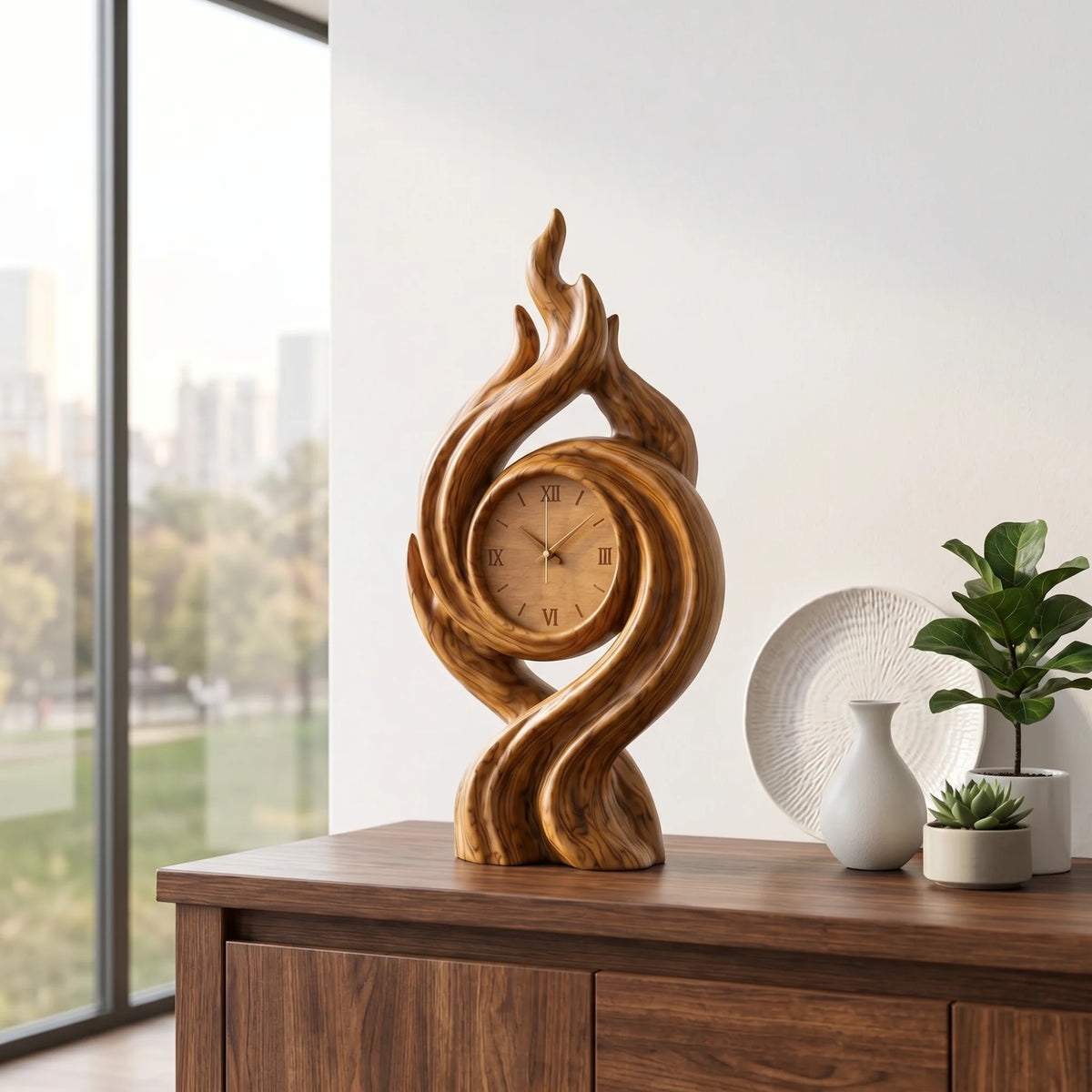 Handcrafted Solid Wood Flame Spiral Table Clock with Roman Numeral Dial – Artistic Decorative Desk Clock
