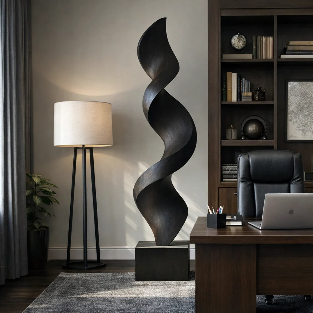 Tall Solid Wood Spiral Floor Sculpture with Plinth Base – Modern Statement Décor for Living Rooms and Contemporary Interiors