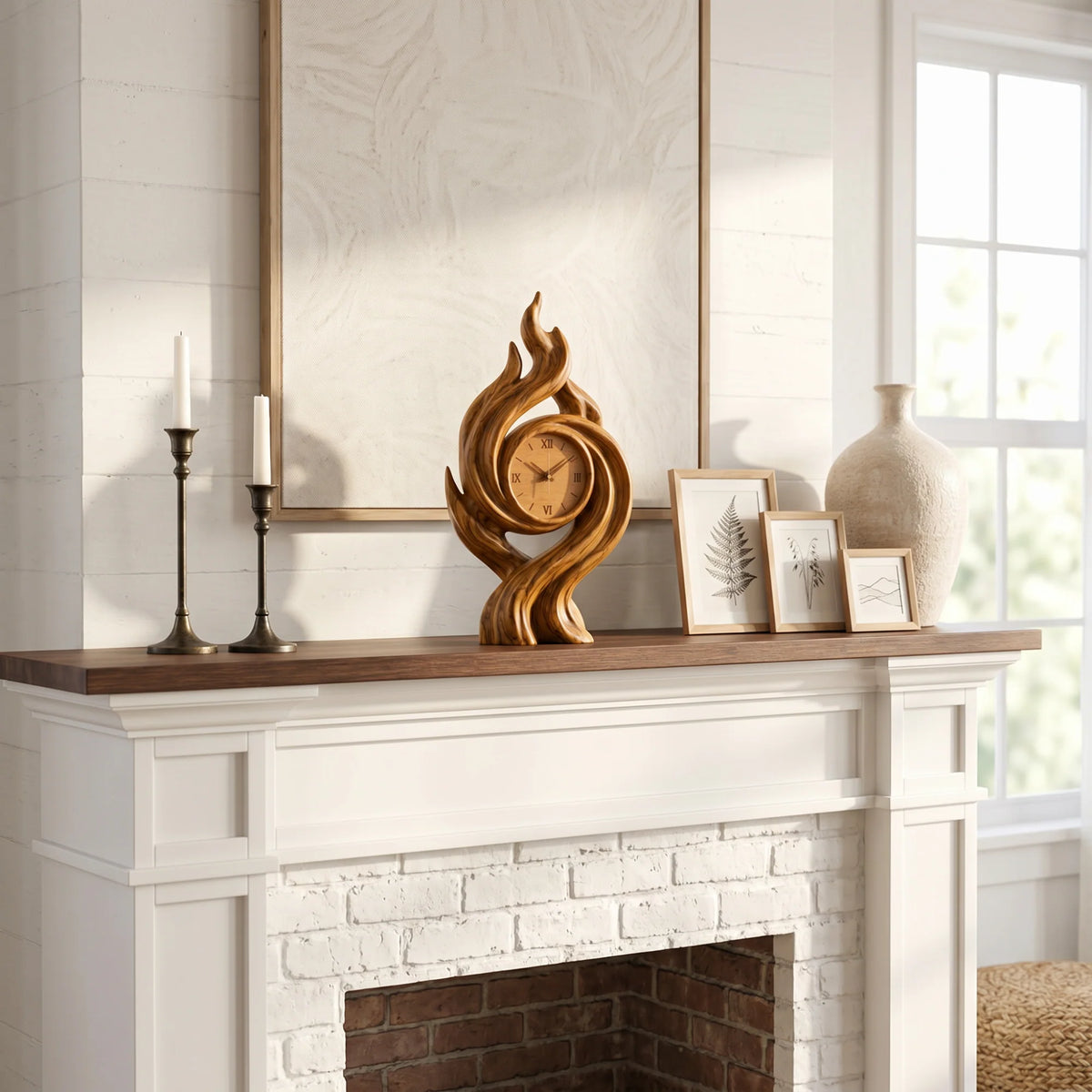 Handcrafted Solid Wood Flame Spiral Table Clock with Roman Numeral Dial – Artistic Decorative Desk Clock