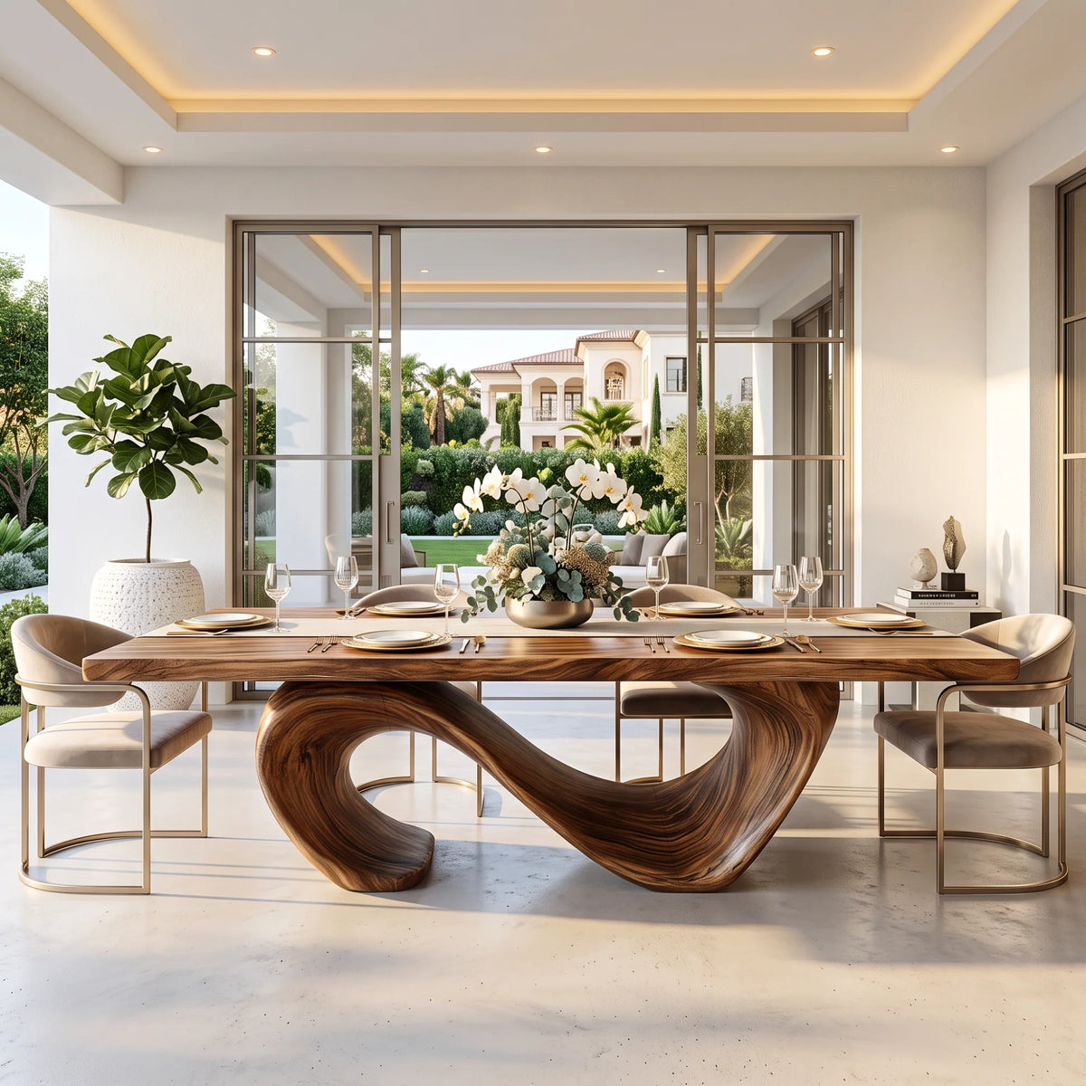 Solid Wood Dining Table with Sculptural Infinity Base