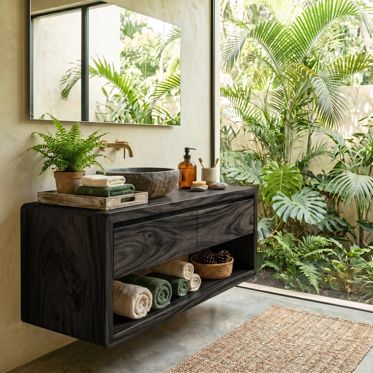 Floating Solid Wood Bathroom Vanity with Seamless Organic Frame – Modern Wall-Mounted Vanity Cabinet
