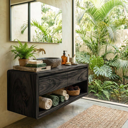 Floating Solid Wood Bathroom Vanity with Seamless Organic Frame – Modern Wall-Mounted Vanity Cabinet