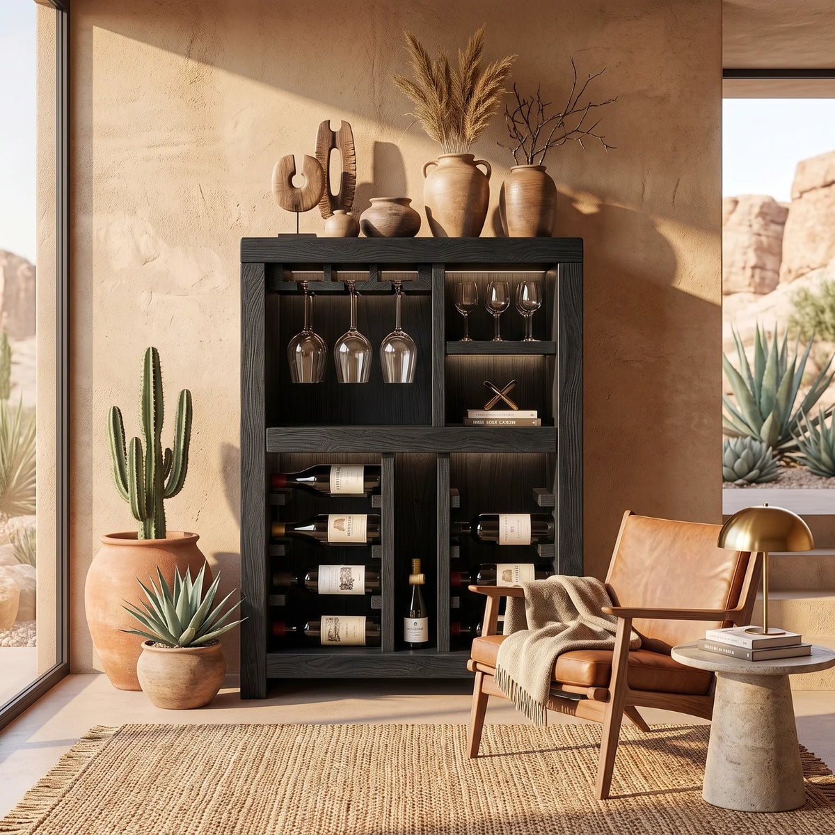 Solid Wood Wine Cabinet with Bottle Racks and Stemware Storage