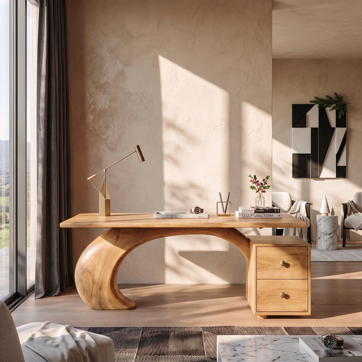 Sculptural Solid Wood Desk with Curved Base and Two Drawers