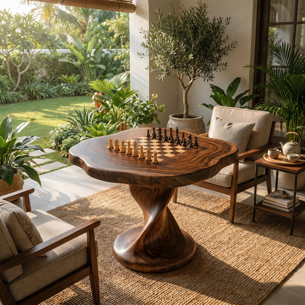 Handcrafted Solid Wood Chess Table with Pedestal Base