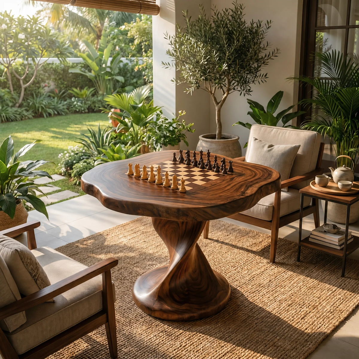 Handcrafted Solid Wood Chess Table with Pedestal Base