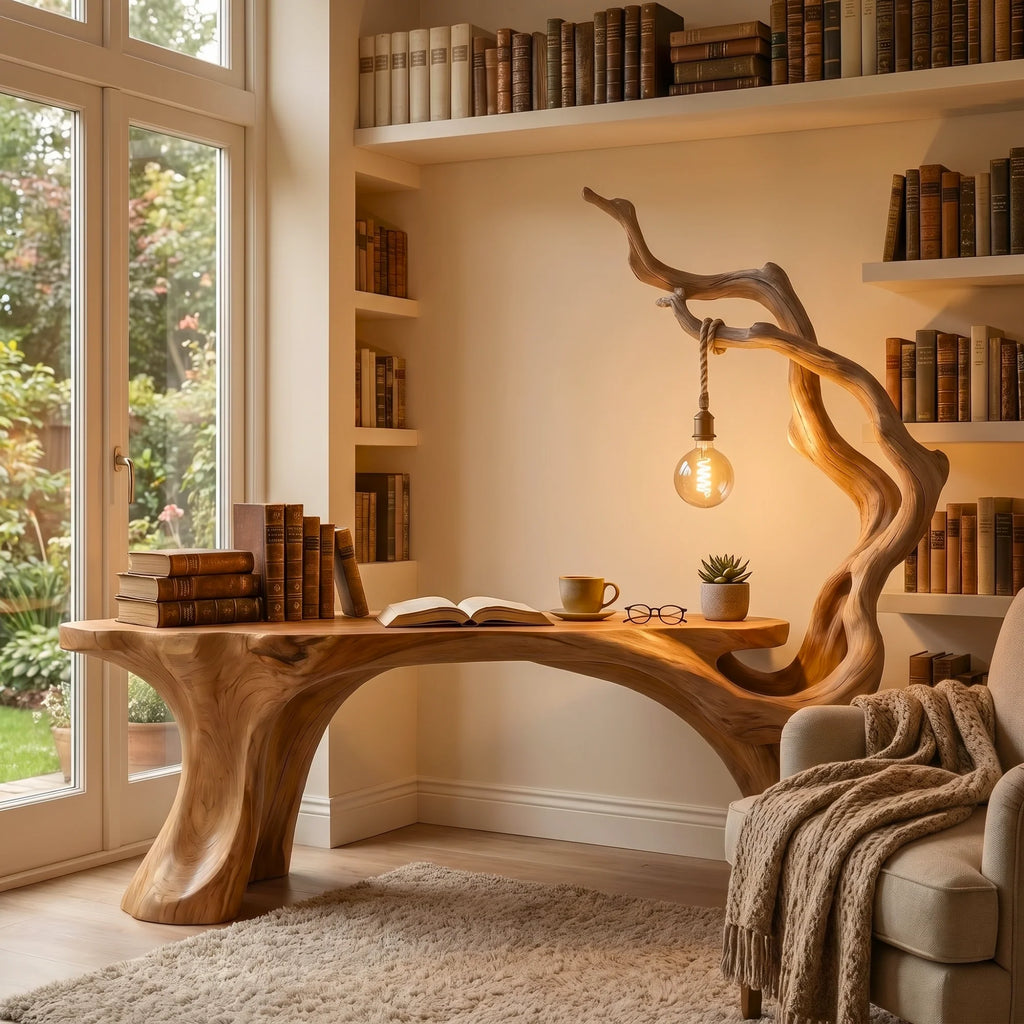 Sculptural Solid Wood Desk with Integrated Hanging Lamp – Artistic Modern Workspace Furniture
