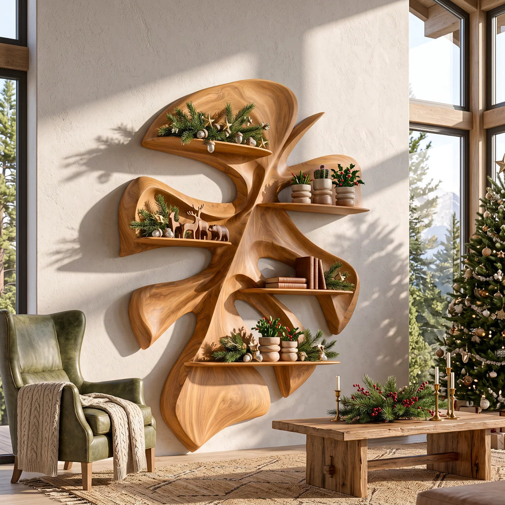 Tropical Leaf Sculptural Solid Wood Floating Shelf