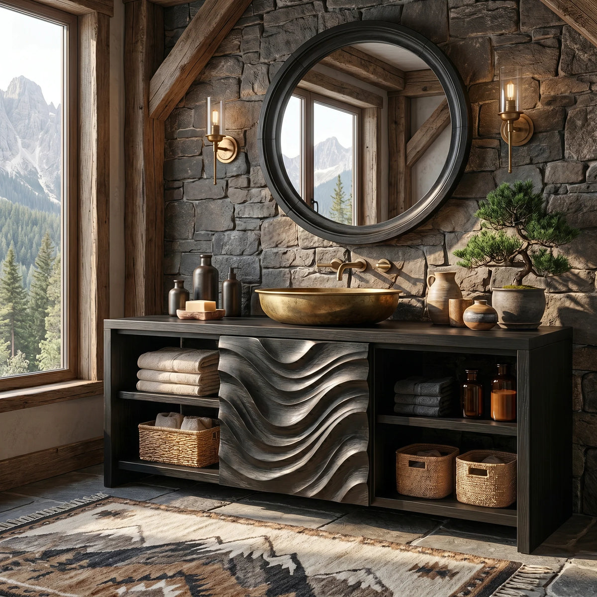Solid Wood Bathroom Vanity with Carved Wave Panel and Open Shelf Storage