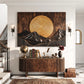 Mountain Sunset Wall Sculpture with Golden Sun and Layered Peaks