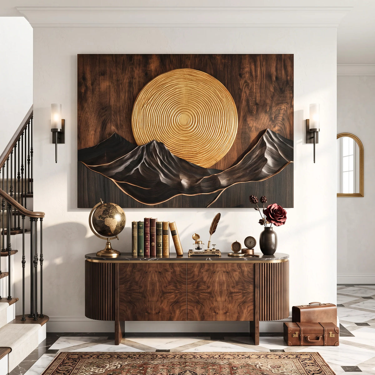Mountain Sunset Wall Sculpture with Golden Sun and Layered Peaks