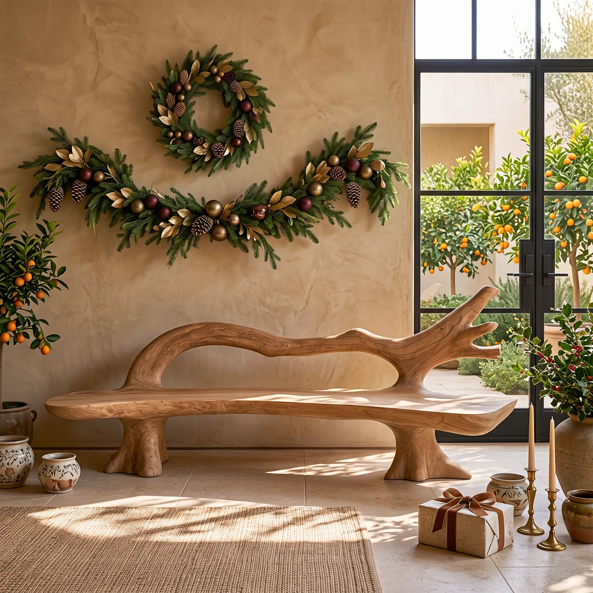 Flowing Branch – Handcrafted Solid Wood Outdoor Bench with Sculptural Backrest