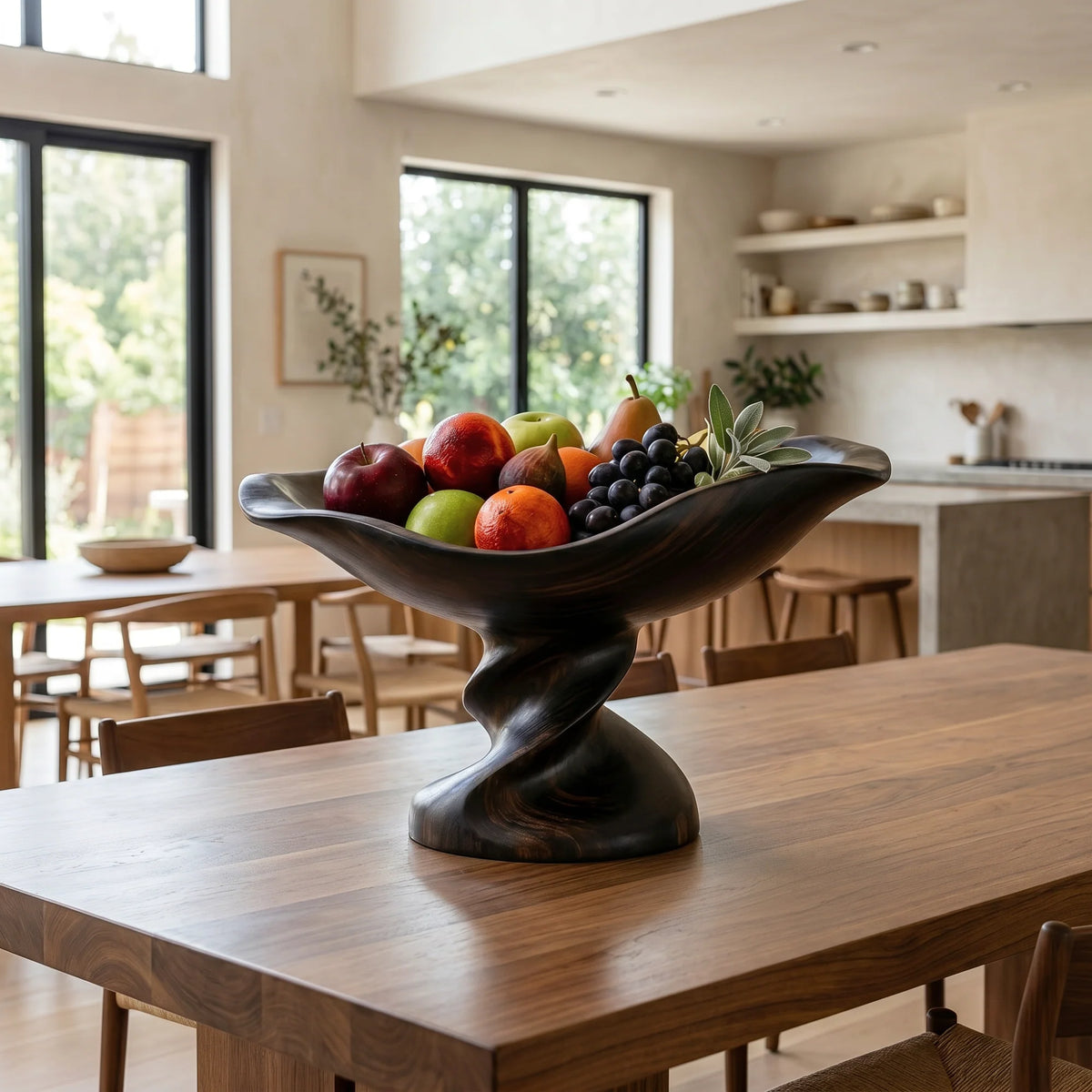 Solid Wood Boat-Shaped Fruit Bowl with Sculptural Raised Pedestal Base