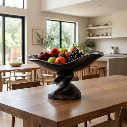 Solid Wood Boat-Shaped Fruit Bowl with Sculptural Raised Pedestal Base