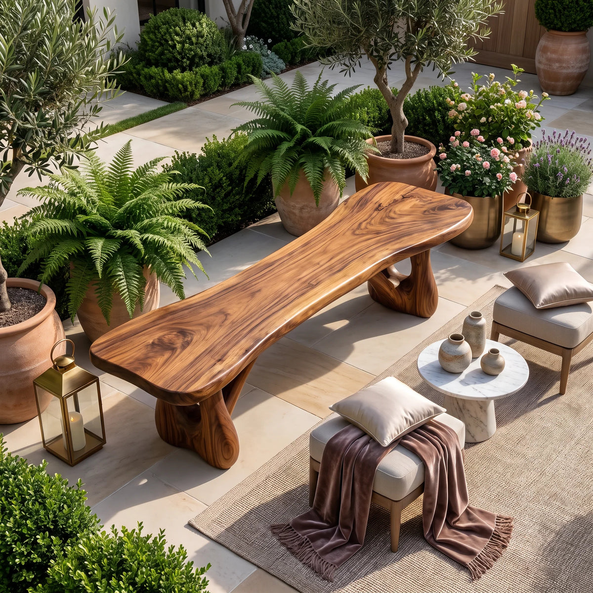 Sculptural Solid Wood Bench with Branch-Inspired Base and Flowing Live Edge Seat