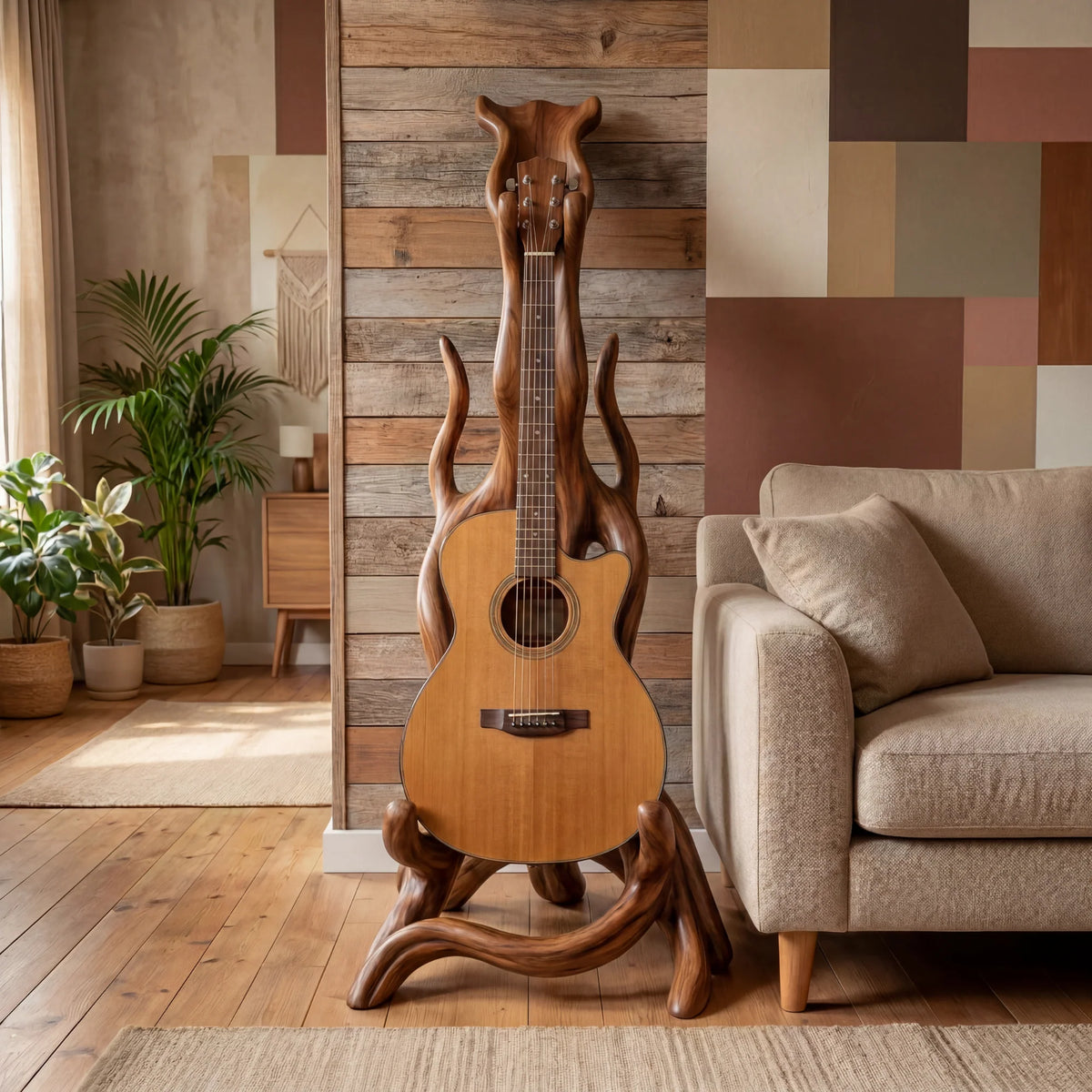 Organic Sculptural Wooden Acoustic Guitar Stand