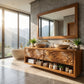 Solid Wood Double Bathroom Vanity Cabinet with Carved Wave Front and Open Storage Shelf