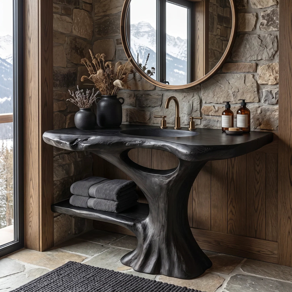 Solid Wood Bathroom Vanity with Organic Trunk Pedestal and Side Shelf Storage