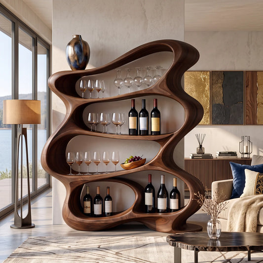 Handcrafted Solid Wood Wine Rack Cabinet with Sculptural Flowing Open Shelves