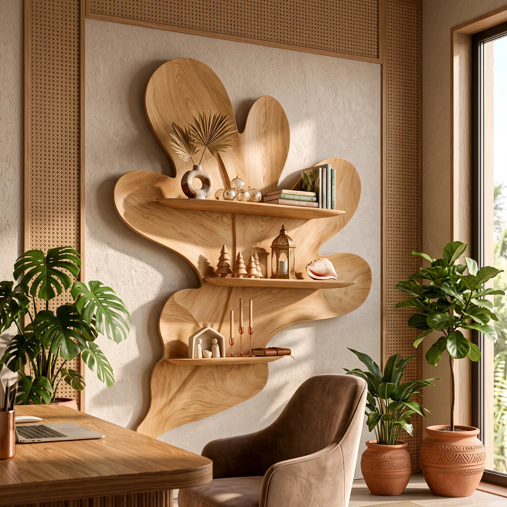 Organic Botanical Solid Wood Floating Wall Shelf