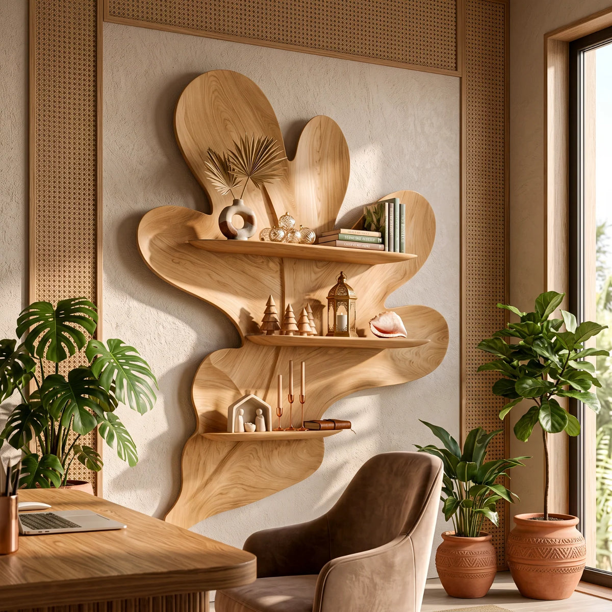 Organic Botanical Solid Wood Floating Wall Shelf