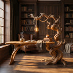 Sculptural Twisted Tree Wood Desk with Hanging Lamp