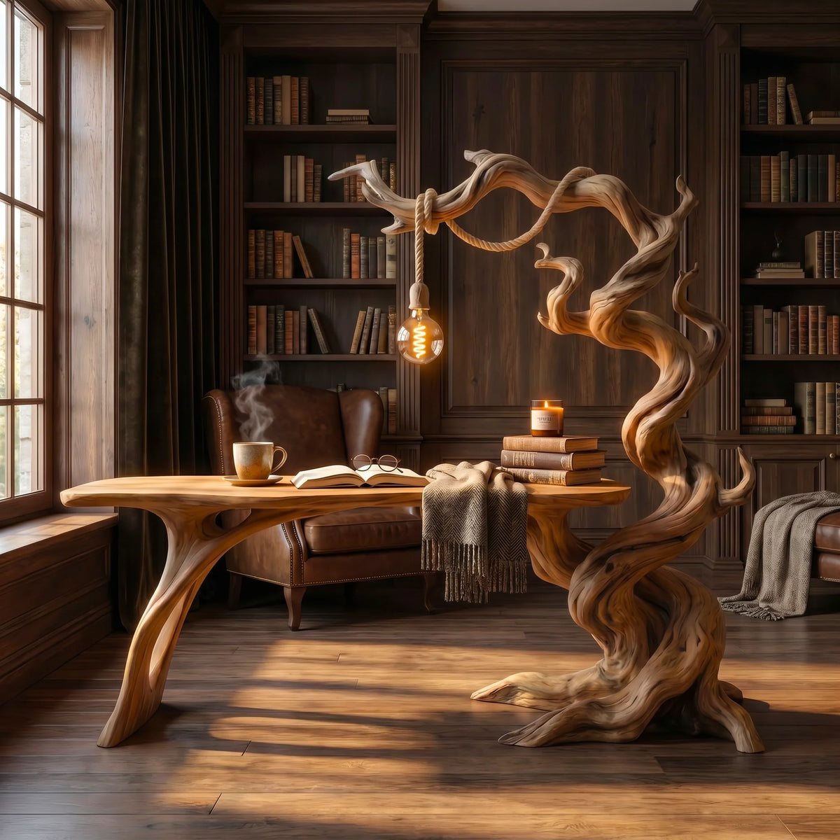 Sculptural Twisted Tree Wood Desk with Hanging Lamp