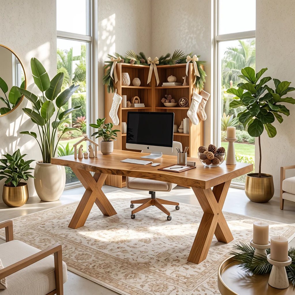Live Edge Solid Wood Desk with Sculptural X-Shaped Legs – Modern Home Office Desk