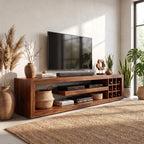 Solid Wood TV Console with Open Media Shelves and Side Storage Cubbies