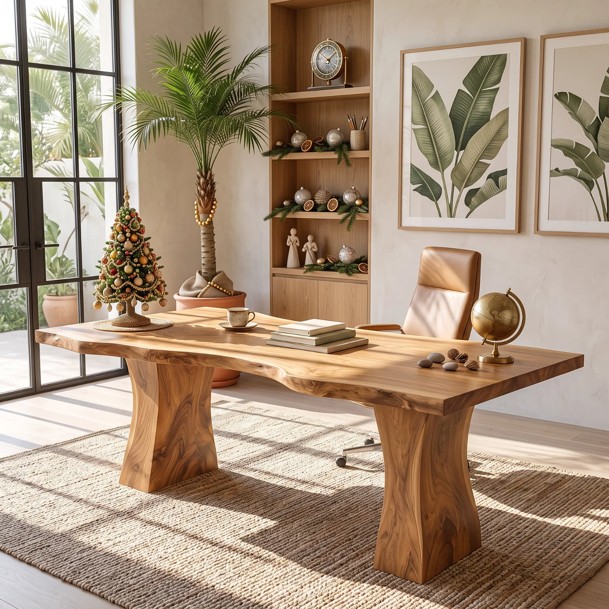 Handcrafted Live Edge Solid Wood Desk with Tapered Pedestal Legs – Modern Executive Desk
