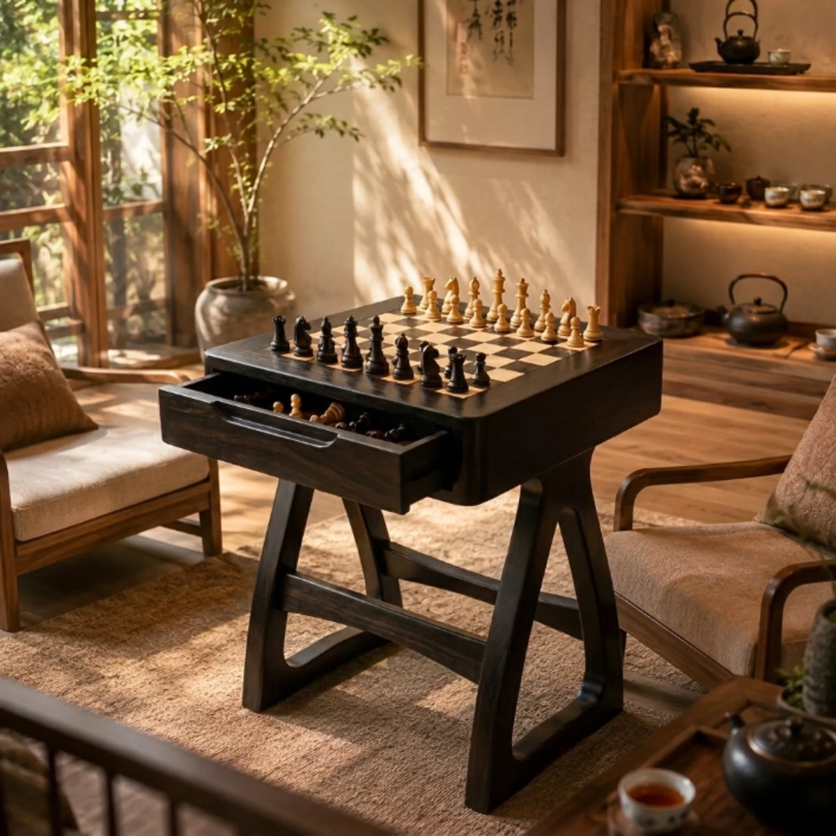 Sculptural Solid Wood Chess Table with Storage Drawer